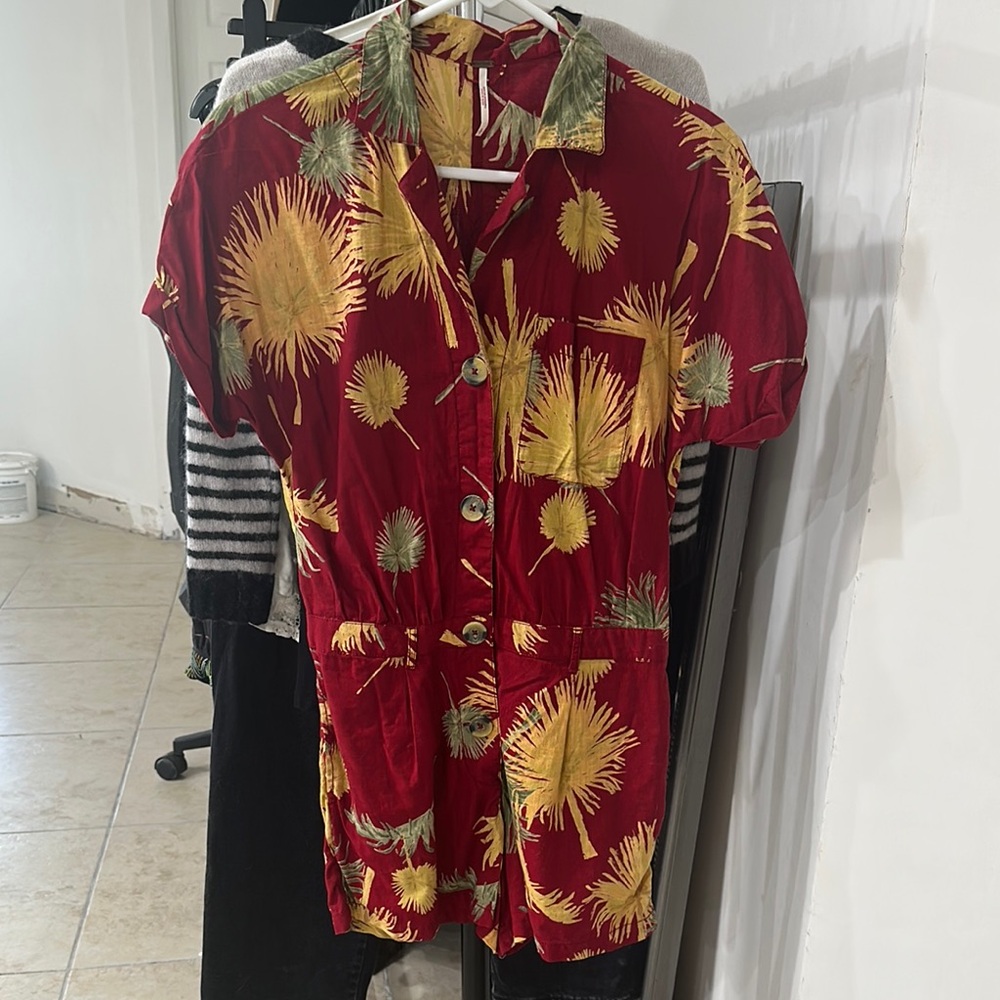 Red Floral Button-Up Romper